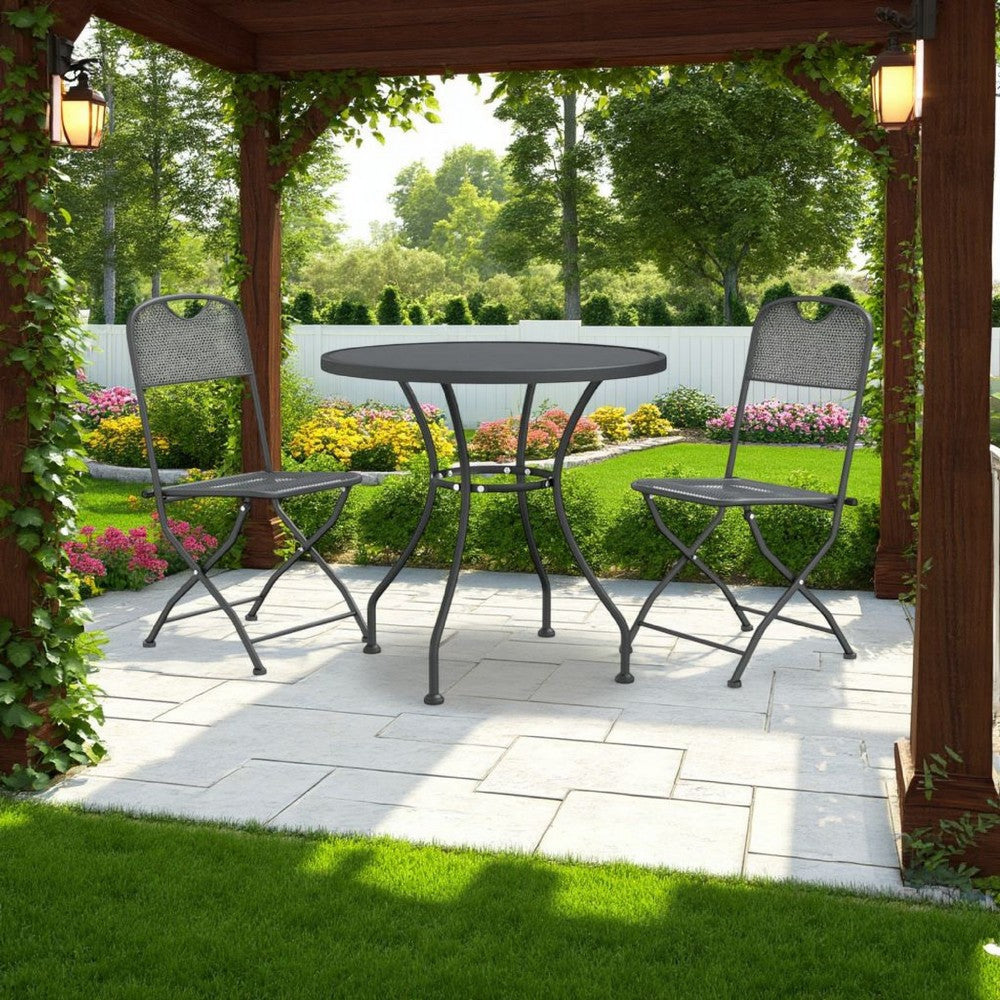 3pc Outdoor Dining Table Set, 2 Side Chairs, Round Top, Black Metal