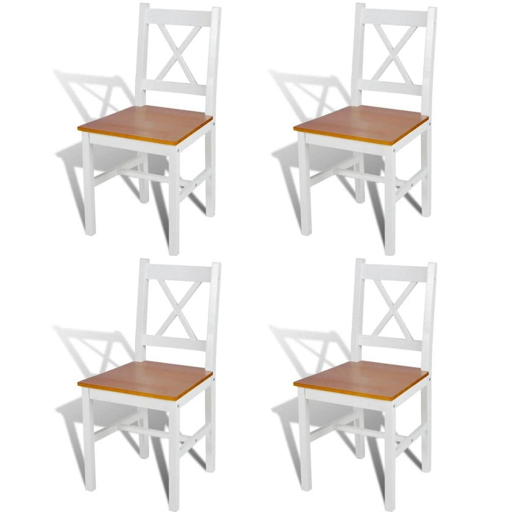 Outdoor Dining Side Chair Set of 4, Square Brown Pine Wood Seat, White