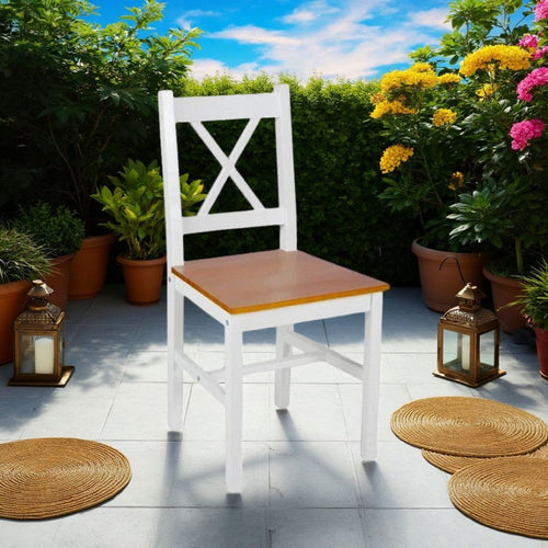 Outdoor Dining Side Chair Set of 4, Square Brown Pine Wood Seat, White