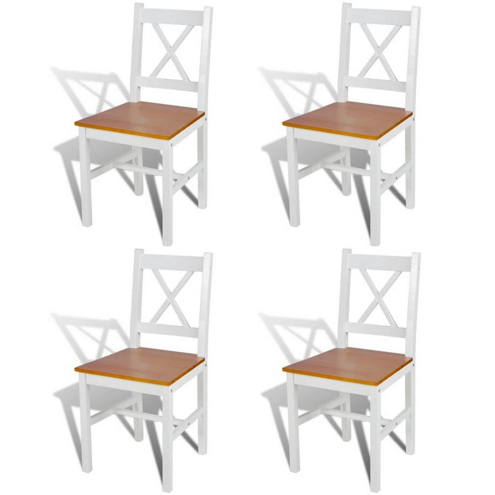 Outdoor Dining Side Chair Set of 4, Square Brown Pine Wood Seat, White