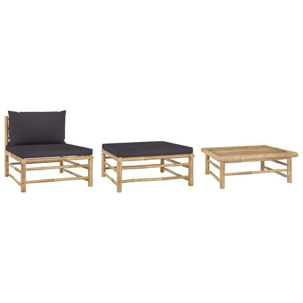 3pc Outdoor Modular Lounge Set, Table and Ottoman, Bamboo, Dark Gray