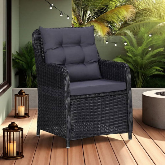 Outdoor Accent Chair Set of 2, Tufted Fabric Design, Black Poly Rattan
