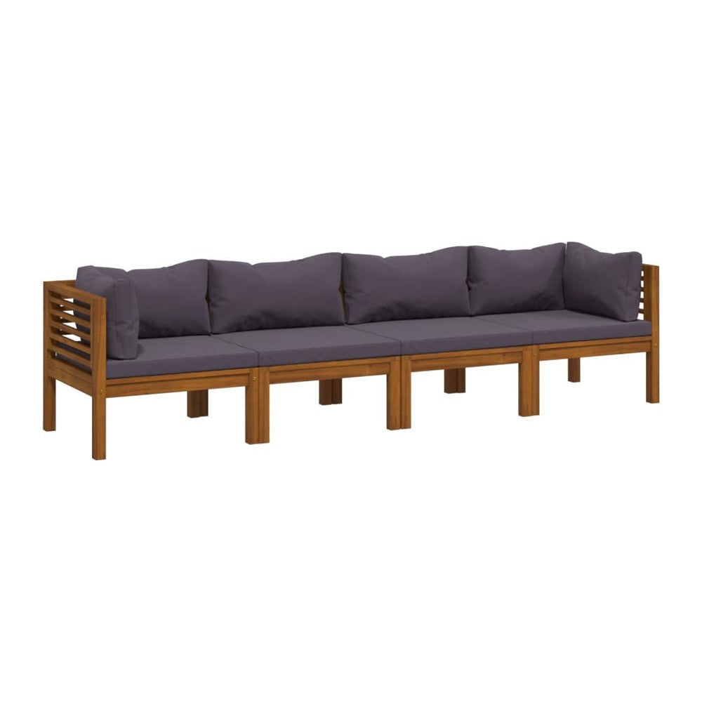 Outdoor Modular Sofa, 4 Seater, Brown Solid Acacia Wood, Gray Cushions