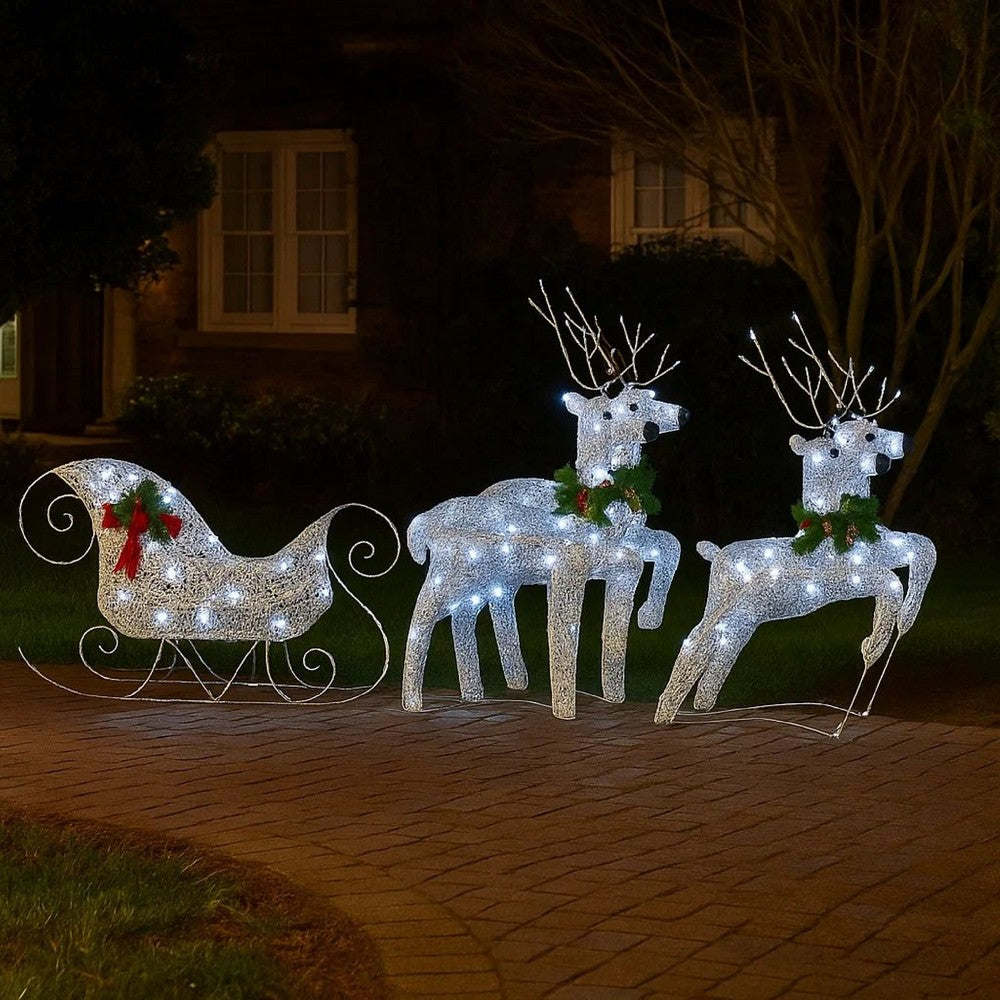Outdoor Christmas Reindeer and Sleigh Decoration, 60 Silver LED Lights