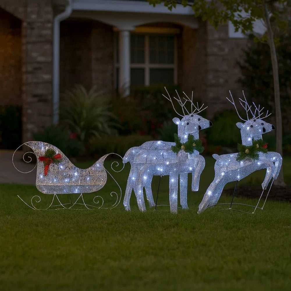 Outdoor Christmas Reindeer and Sleigh Decoration, 60 Silver LED Lights