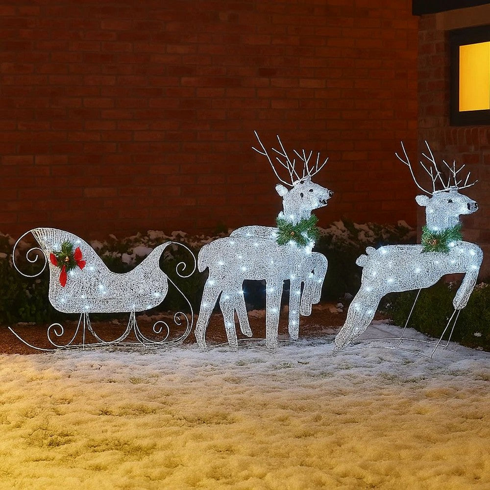 Outdoor Christmas Reindeer and Sleigh Decoration, 60 Silver LED Lights