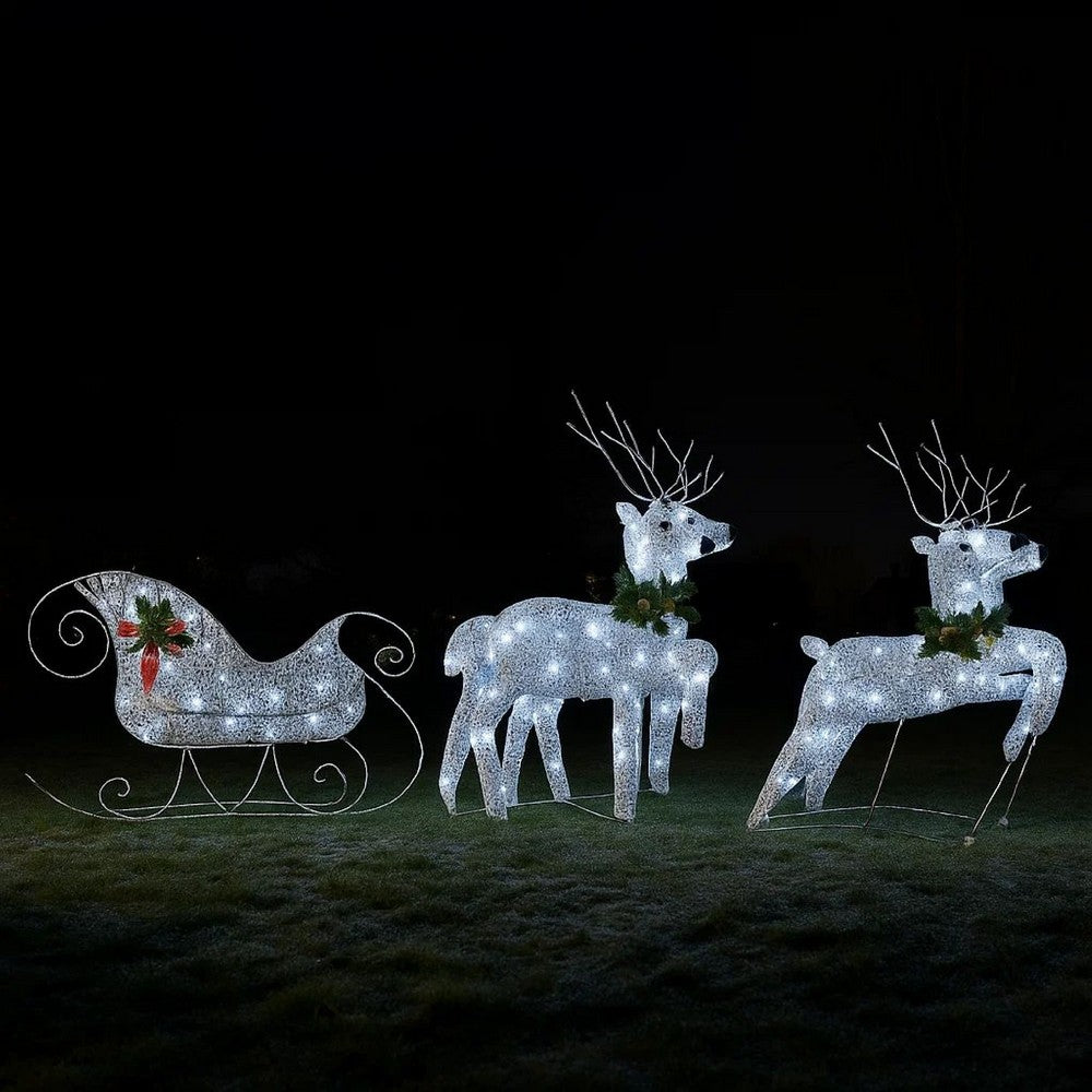 Outdoor Christmas Reindeer and Sleigh Decoration, 60 Silver LED Lights