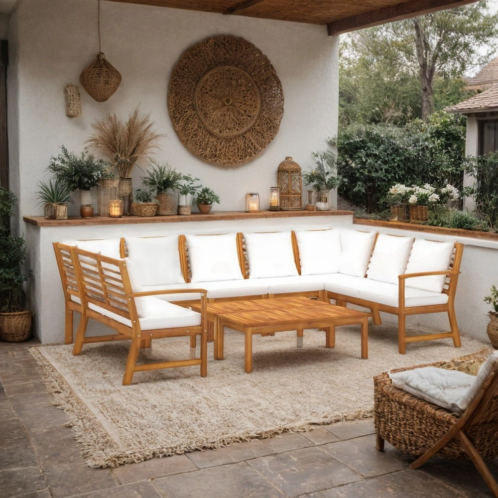 9pc Outdoor Patio Modular Sofa Set w Table, Solid Acacia Wood, White
