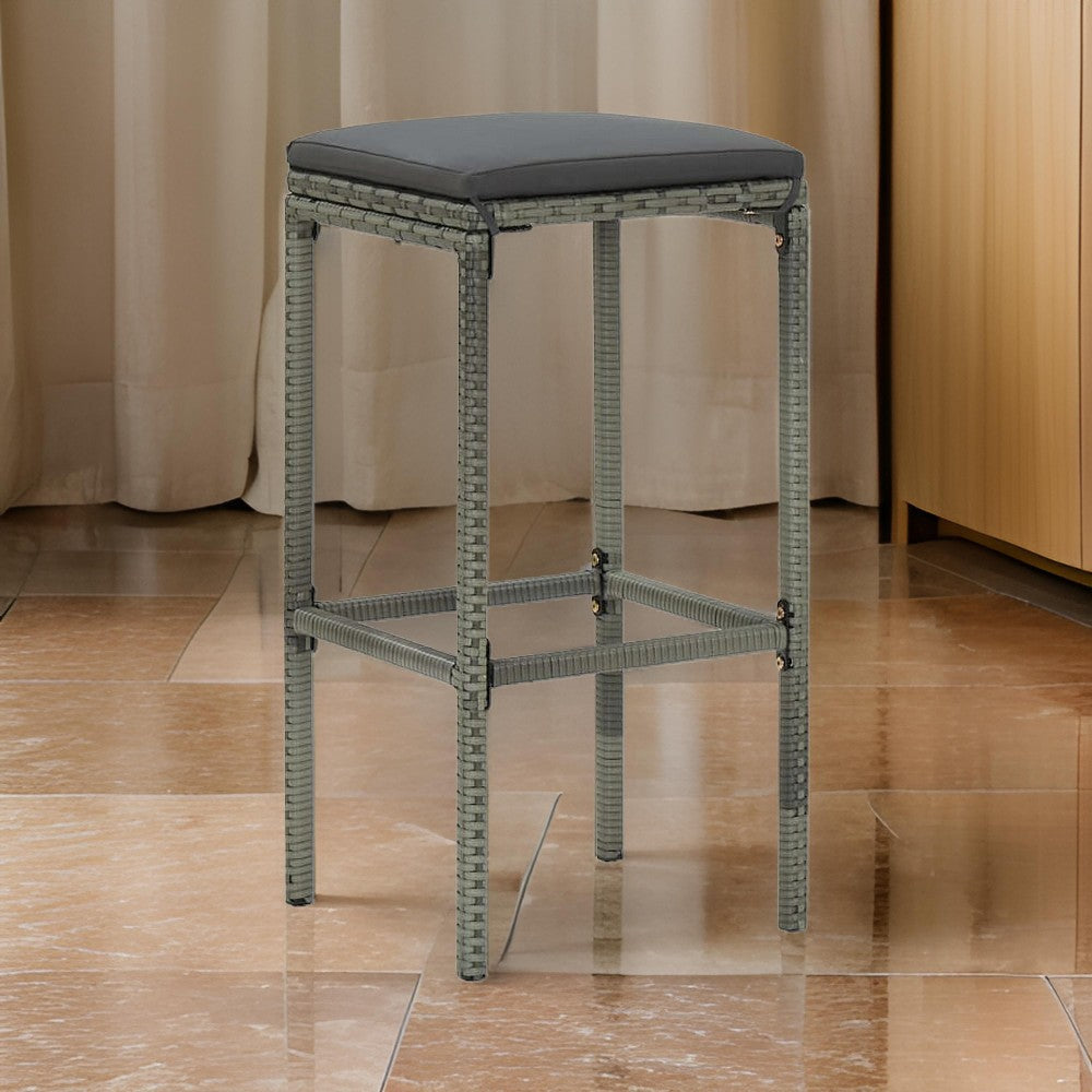 Outdoor Barstool Set of 2 with Cushions, Gray Poly Rattan and Steel