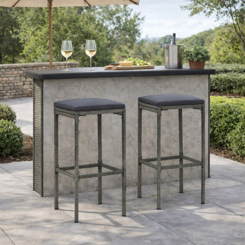 Outdoor Barstool Set of 2 with Cushions, Gray Poly Rattan and Steel