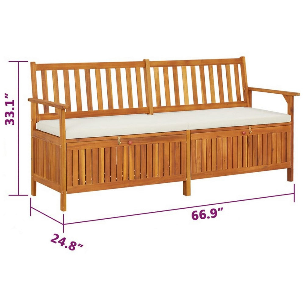 Outdoor Storage Bench White Fabric Cushion Brown Acacia Wood 66’’ BM325810