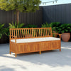 Outdoor Storage Bench, White Fabric Cushion, Brown Acacia Wood, 66"