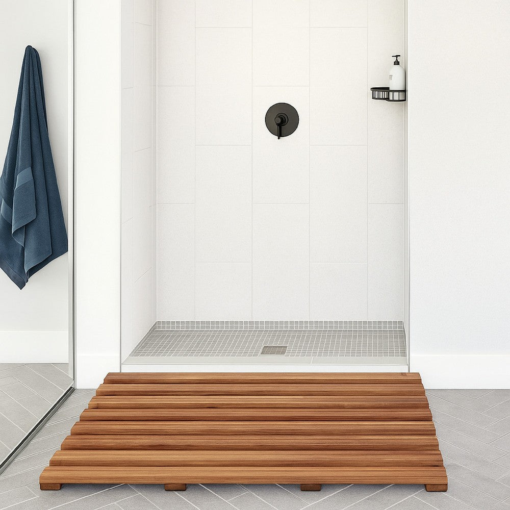 Bath Mats Set of 2, Beige Solid Acacia Wood, Slatted Design, 22x15"