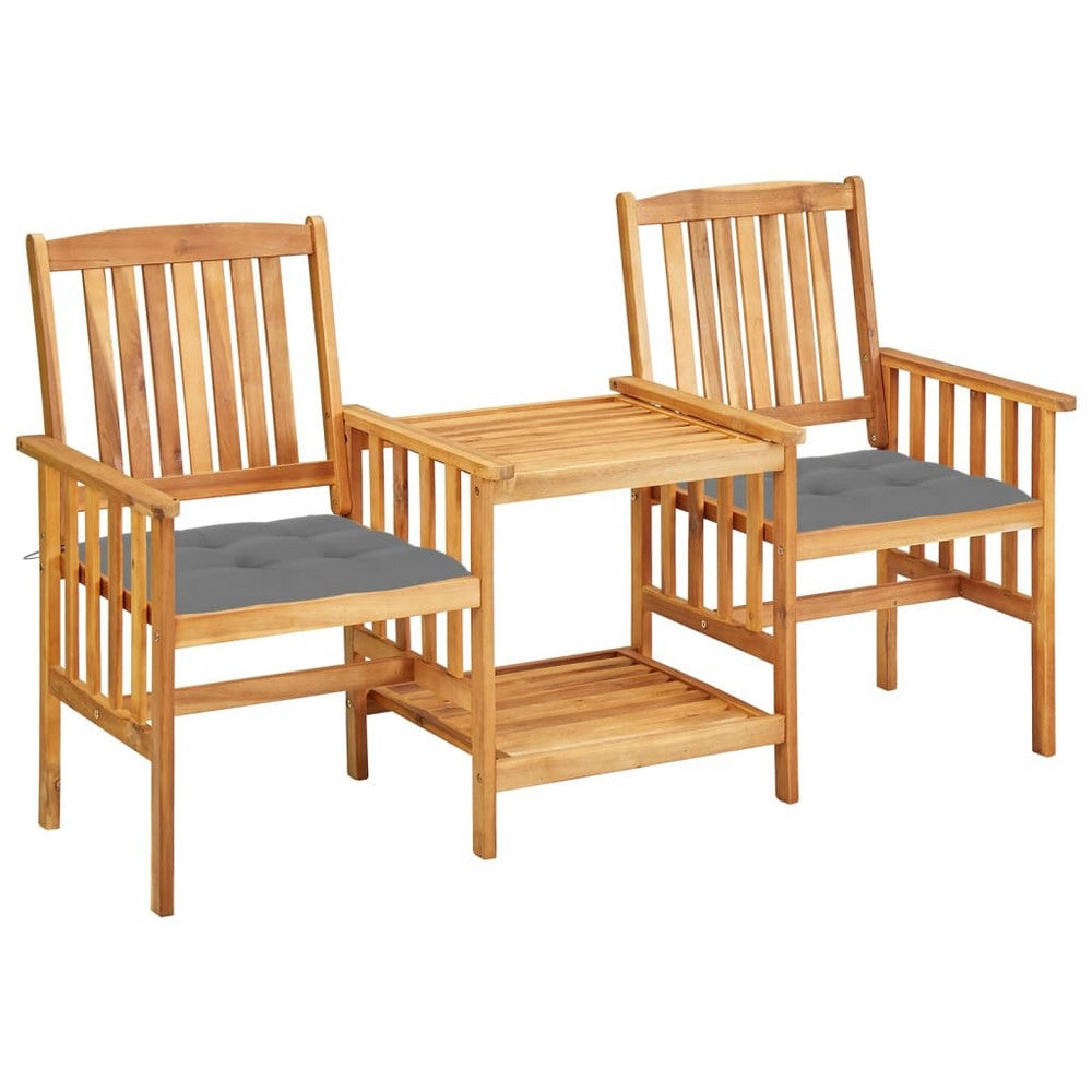 Outdoor 3 Piece Bistro Set, Slatted Design, Gray Fabric, Brown Wood
