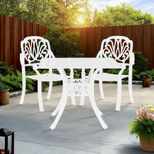 Outdoor 3 Piece Bistro Set, Trellis Pattern Chairs, White Aluminium