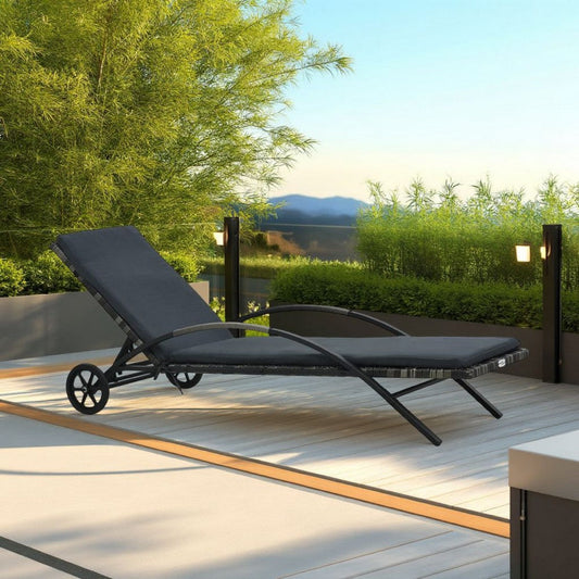 Sun Chaise Lounger with Cushion, 79", Wheels, Dark Gray Poly Rattan