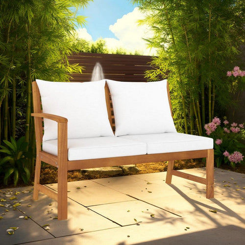 Patio Bench w White Cushions, Slatted Brown Solid Acacia Wood, 45"