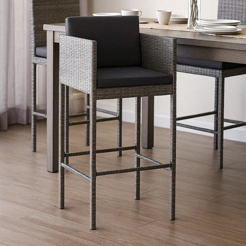 Lexy Outdoor Barstool Chairs Set of 4, Black Fabric and Gray Rattan