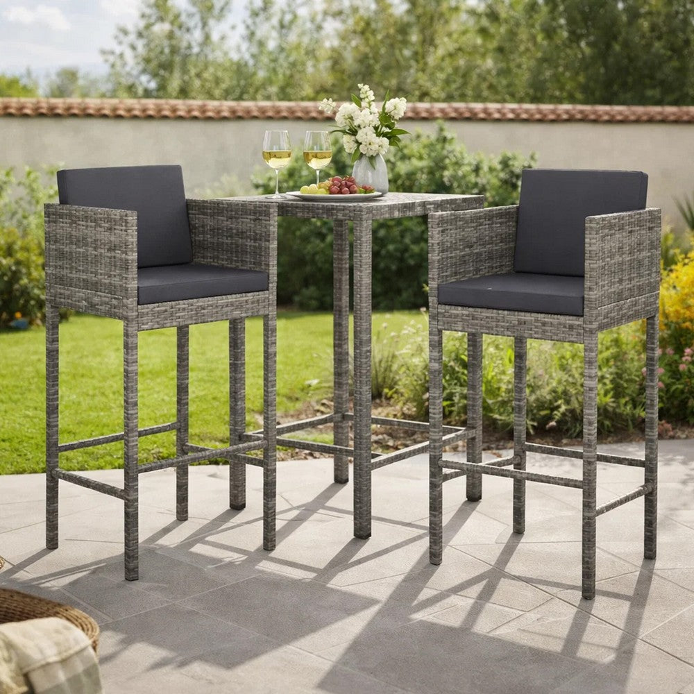 Lexy Outdoor Barstool Chairs Set of 4, Black Fabric and Gray Rattan