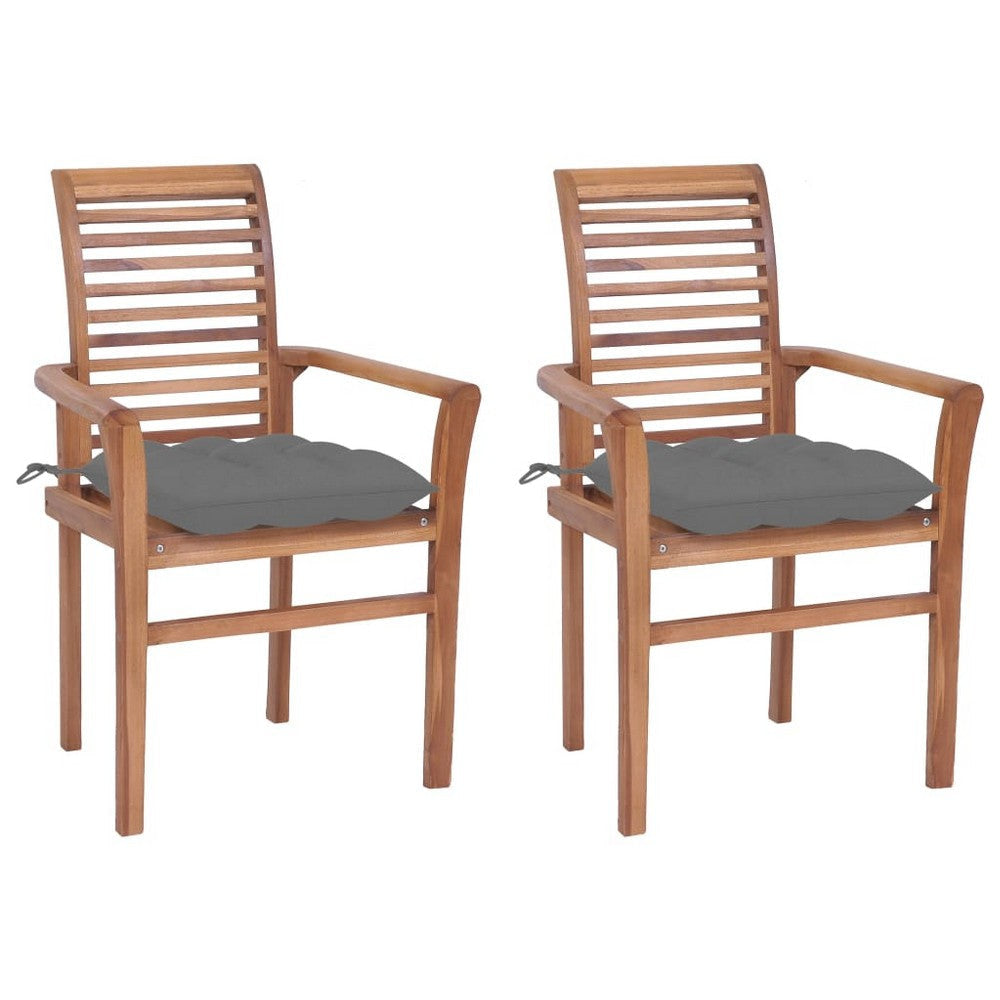 Lima Outdoor Dining Chair Set of 2, Brown Teak Wood, Gray Fabric