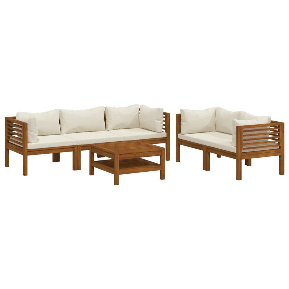 6pc Outdoor Modular Sofa Set Cream Cushions Brown Solid Acacia Wood BM325833