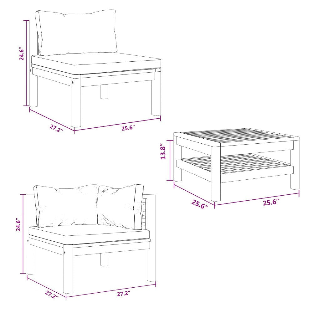 6pc Outdoor Modular Sofa Set Cream Cushions Brown Solid Acacia Wood BM325833