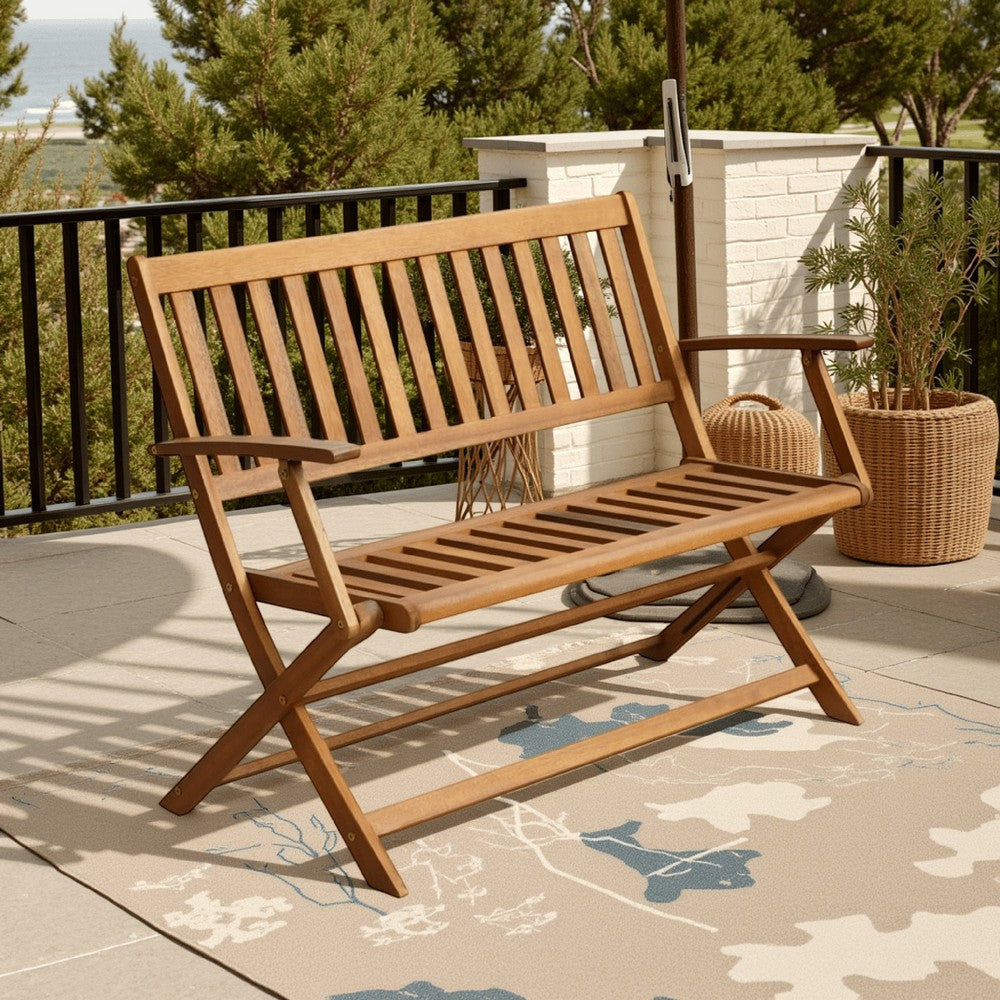 Jenny Outdoor Bench, 47 Inch, Brown Acacia Wood, Folding X Cross Legs
