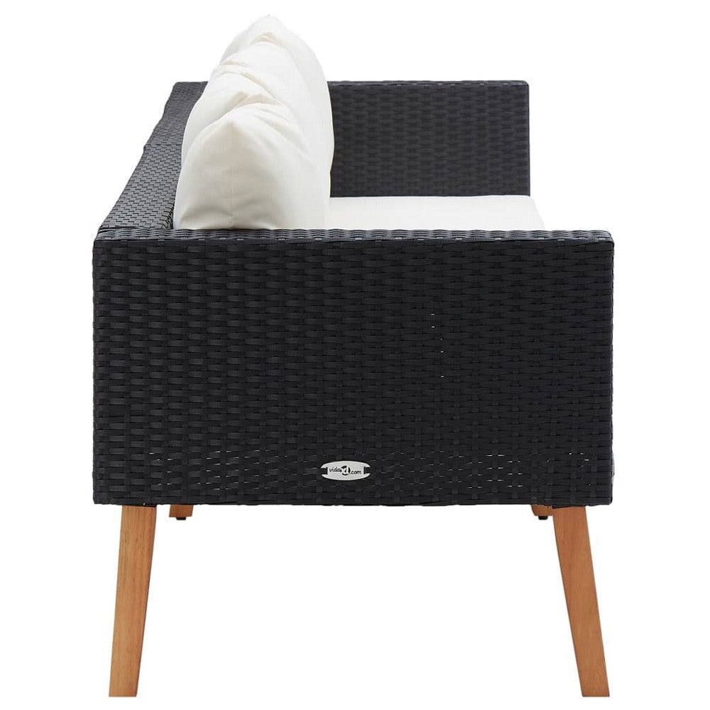3 Seater Outdoor Sofa with White Fabric Cushions Black Rattan 86 Inch BM325836