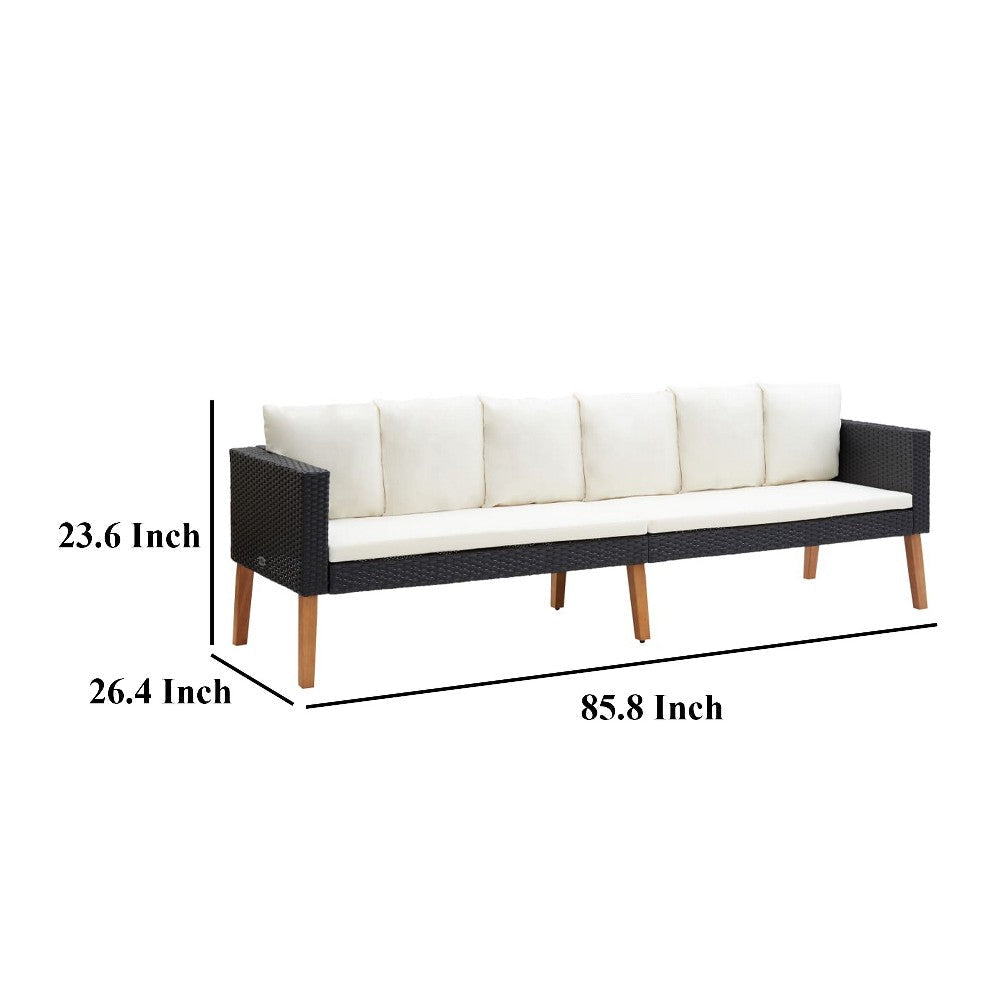 3 Seater Outdoor Sofa with White Fabric Cushions Black Rattan 86 Inch BM325836