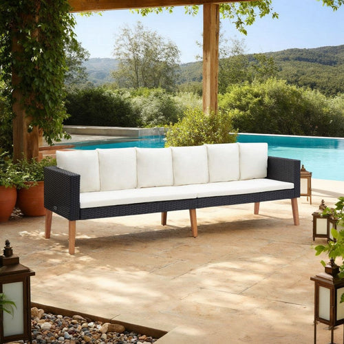3 Seater Outdoor Sofa with White Fabric Cushions, Black Rattan 86 Inch