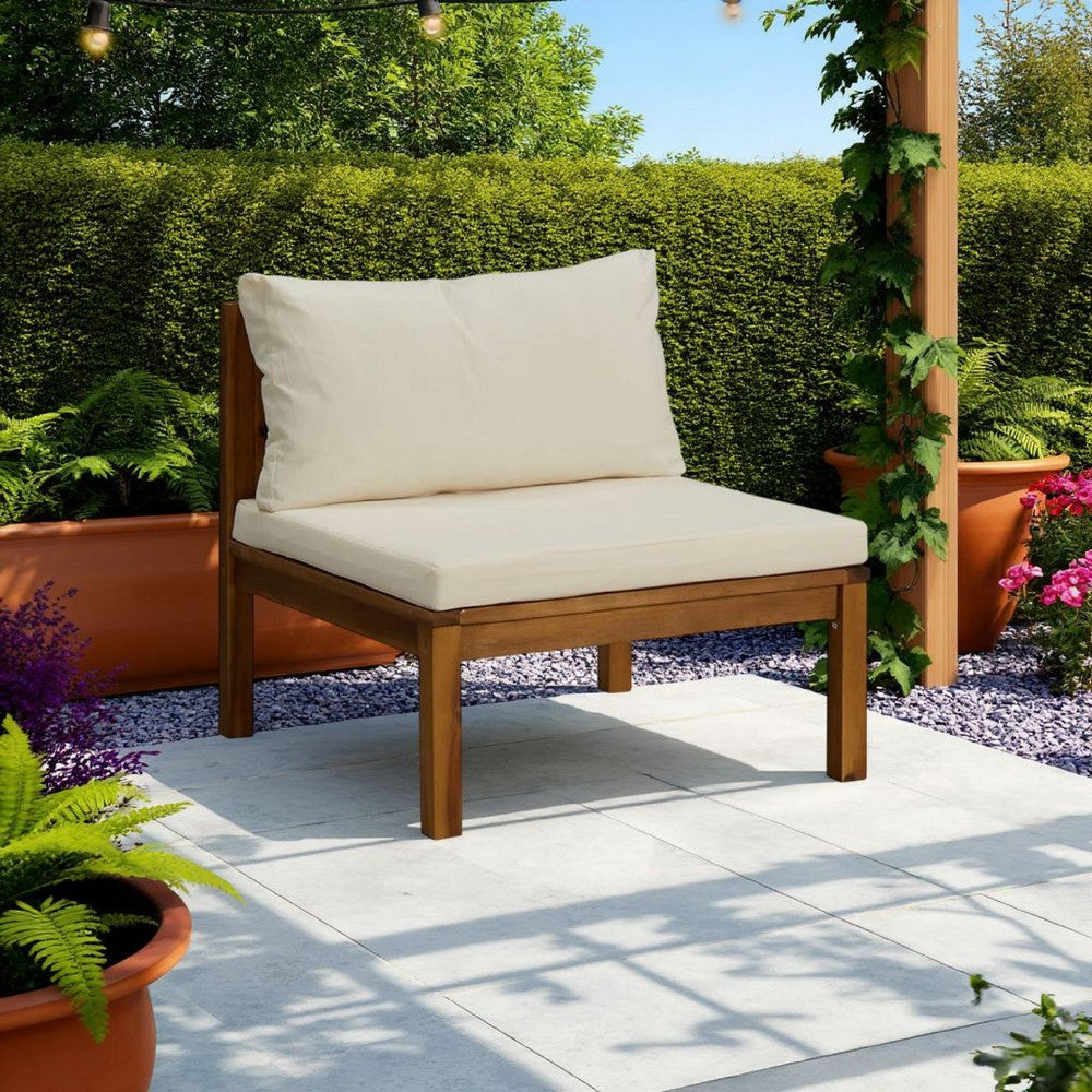 Outdoor Sectional Modular Armless Sofa Seat, Cream, Acacia Wood