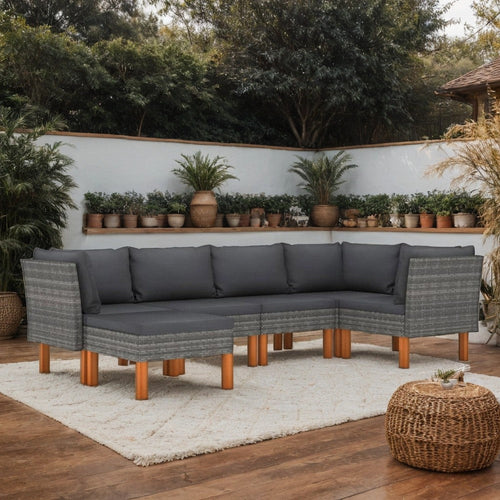 Casey Outdoor 6pc Modular Lounge Sofa Set, Gray Rattan, Solid Wood