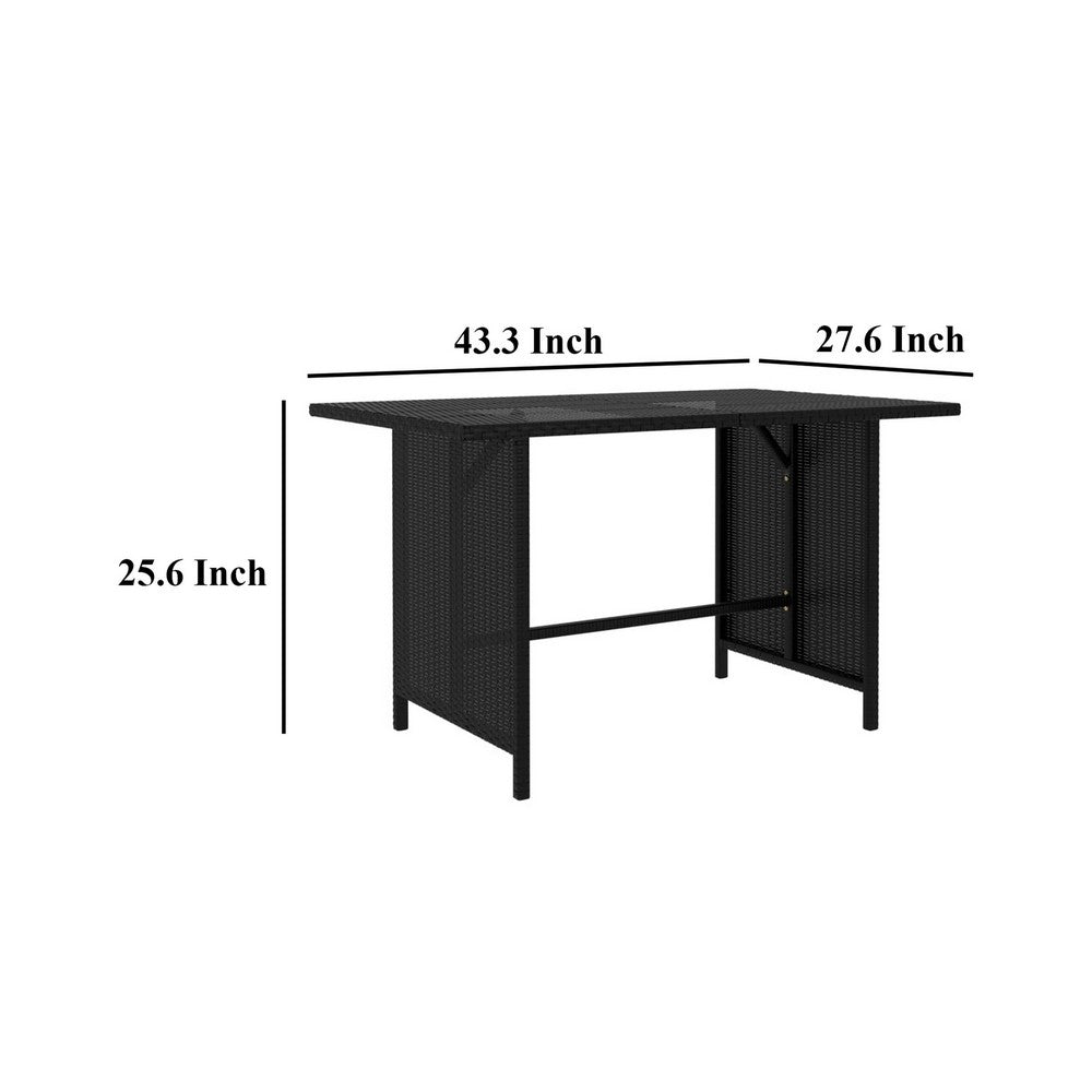 Outdoor Dining Table, Rectangular 43 Inch, Black Rattan, Steel Frame