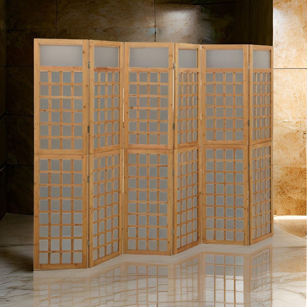 6 Panel Room Divider Trellis, Foldable Brown Solid Wood Frame, 96 Inch