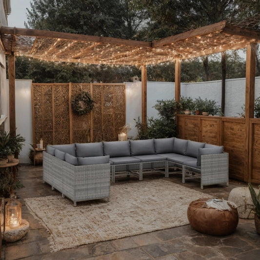 Outdoor 9pc Modular Lounge Sofa Set, Gray Cushions and Poly Rattan