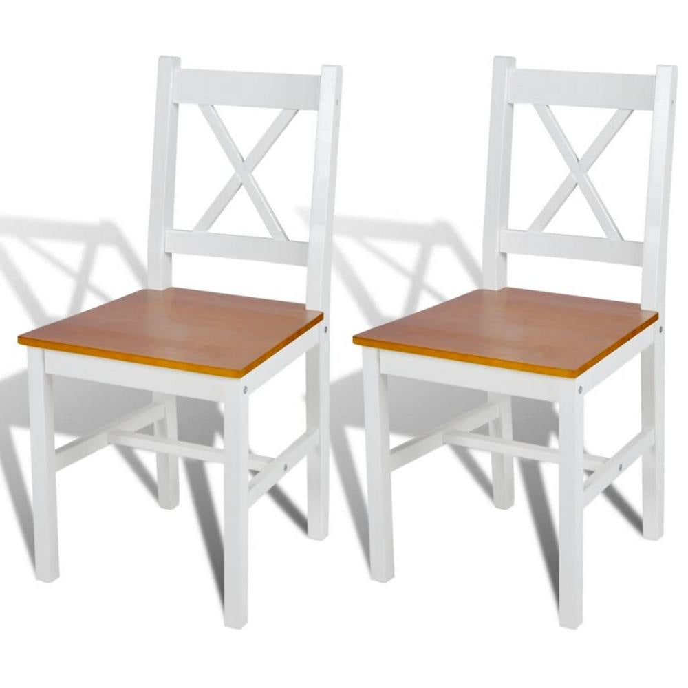 Dining Side Chair Set of 2, X Back Design, White, Brown Pine Wood