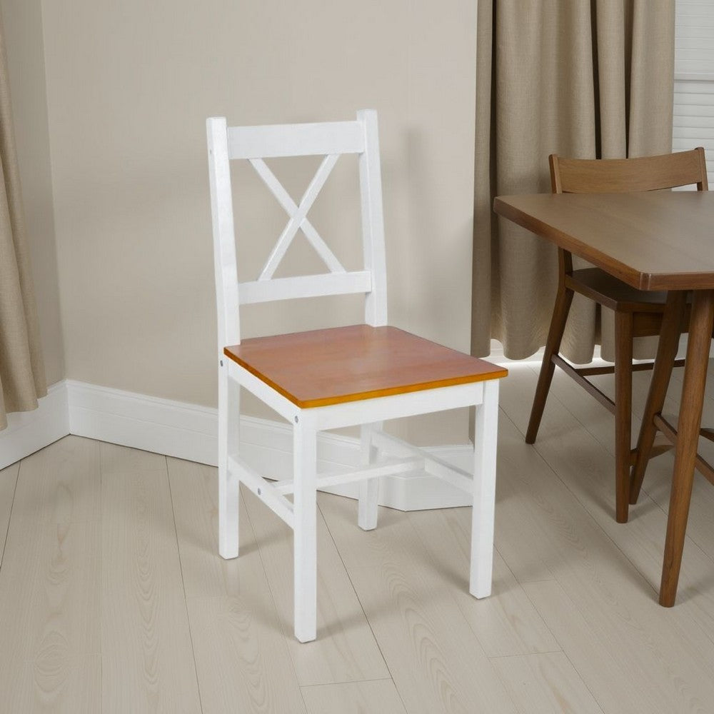 Dining Side Chair Set of 2, X Back Design, White, Brown Pine Wood