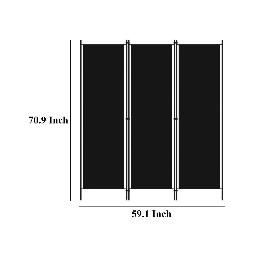 Dina 3 Panel Room Divider Screen Black Fabric and Iron 71 Inch BM325850