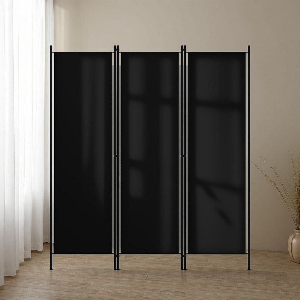 Dina 3 Panel Room Divider Screen, Black Fabric and Iron, 71 Inch