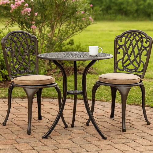 Outdoor Breakfast Table, Round 24 Inch w Umbrella Holder, Bronze Metal