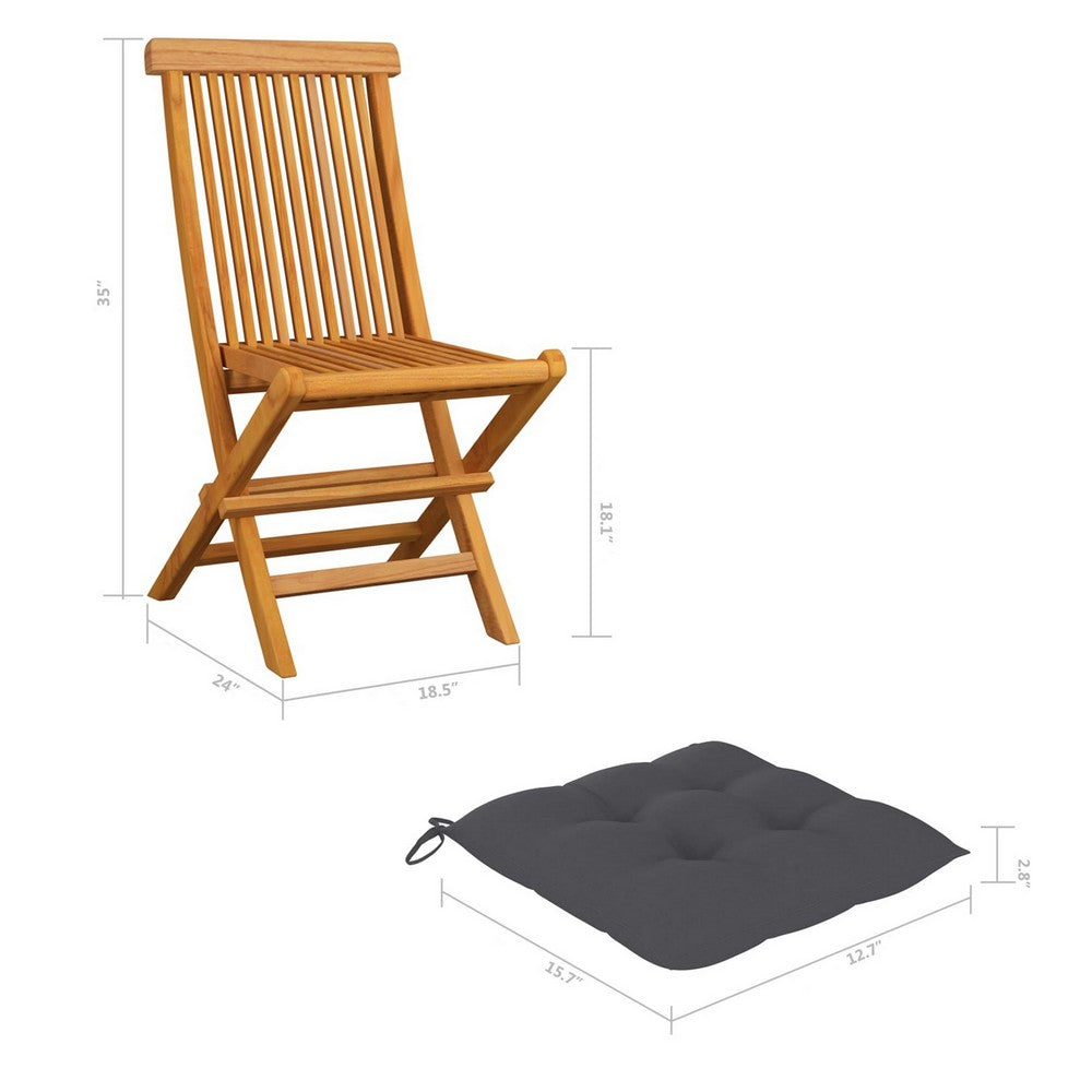 Outdoor Dining Folding Chairs Set of 4, Gray Cushions, Brown Teak Wood