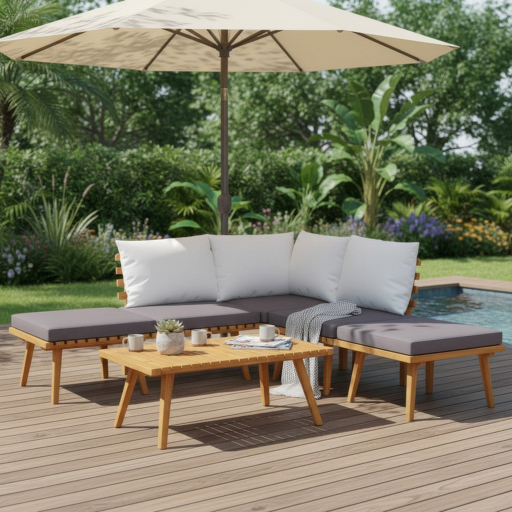 Roma 4pc Outdoor Modular Corner Sofa Set, Coffee Table, Footrest, Wood
