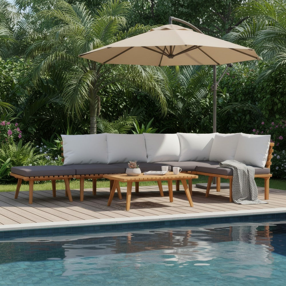 Roma 4pc Outdoor Modular Corner Sofa Set, Coffee Table, Footrest, Wood