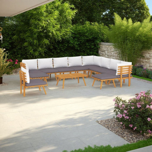 Roma 12pc Outdoor Modular Corner Sofa Set, Coffee Table, Acacia Wood