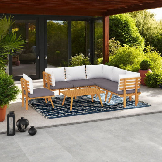 Roma 7pc Outdoor Modular Corner Sofa Set, Coffee Table, Acacia Wood