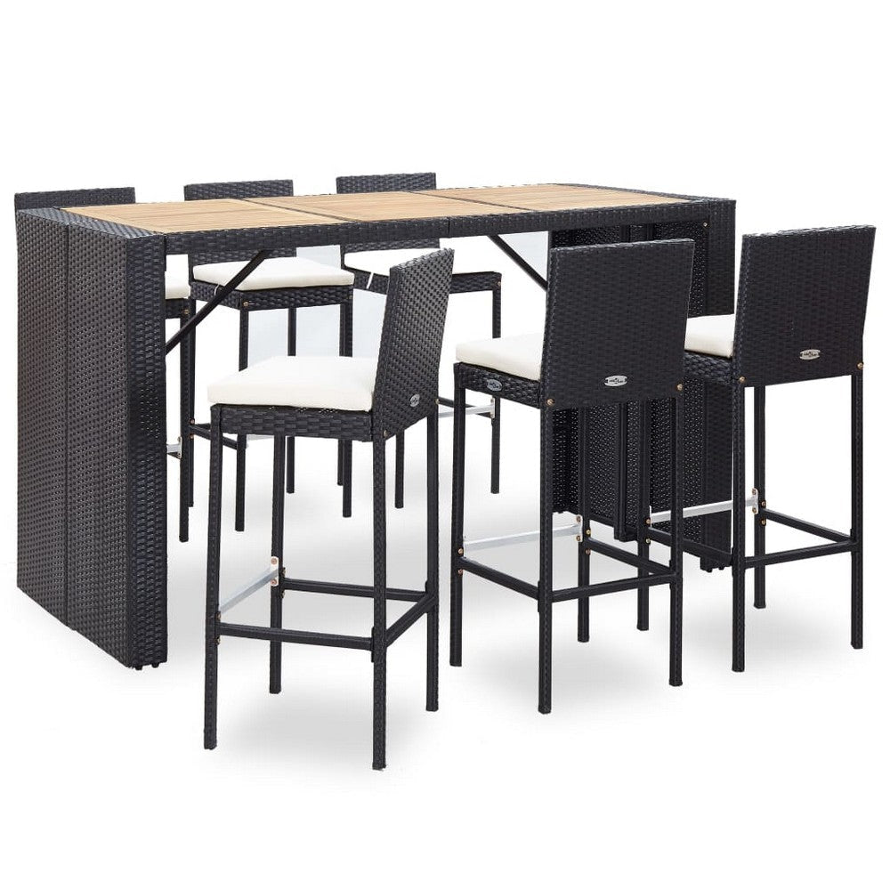 7pc Outdoor Bar Table and 6 Chairs Set, White Cushions, Black Rattan