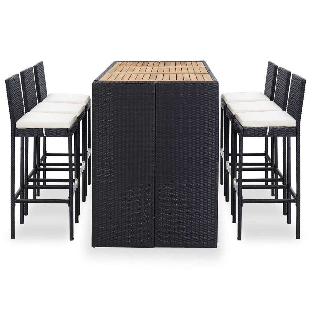 7pc Outdoor Bar Table and 6 Chairs Set White Cushions Black Rattan BM325868