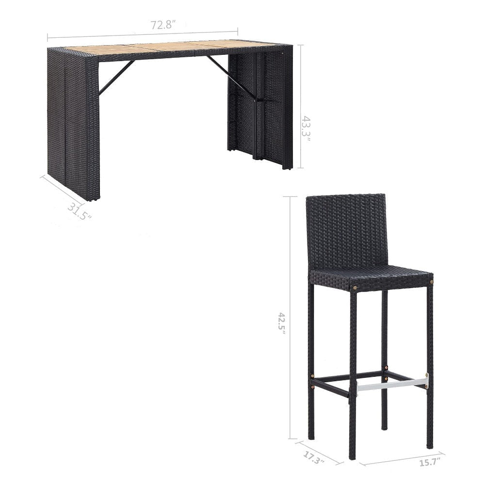 7pc Outdoor Bar Table and 6 Chairs Set White Cushions Black Rattan BM325868