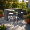 7pc Outdoor Bar Table and 6 Chairs Set, White Cushions, Black Rattan