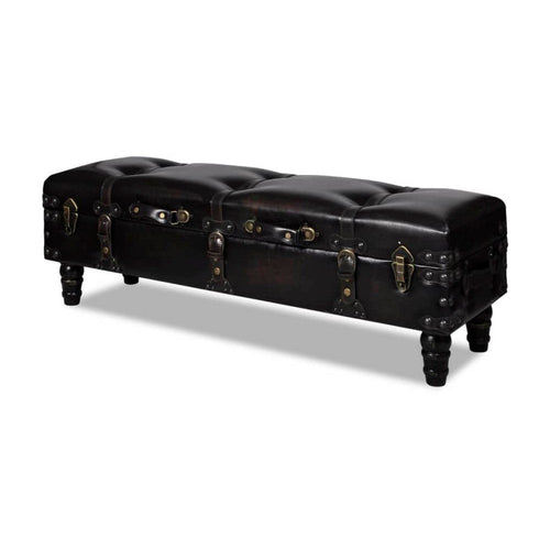Storage Bench Ottoman, Solid Wood, Black Tufted Faux Leather, 44 Inch